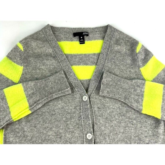 Aqua Cashmere V Neck Cardigan Sweater Gray Chartreuse Green Womens Size M - Picture 4 of 7